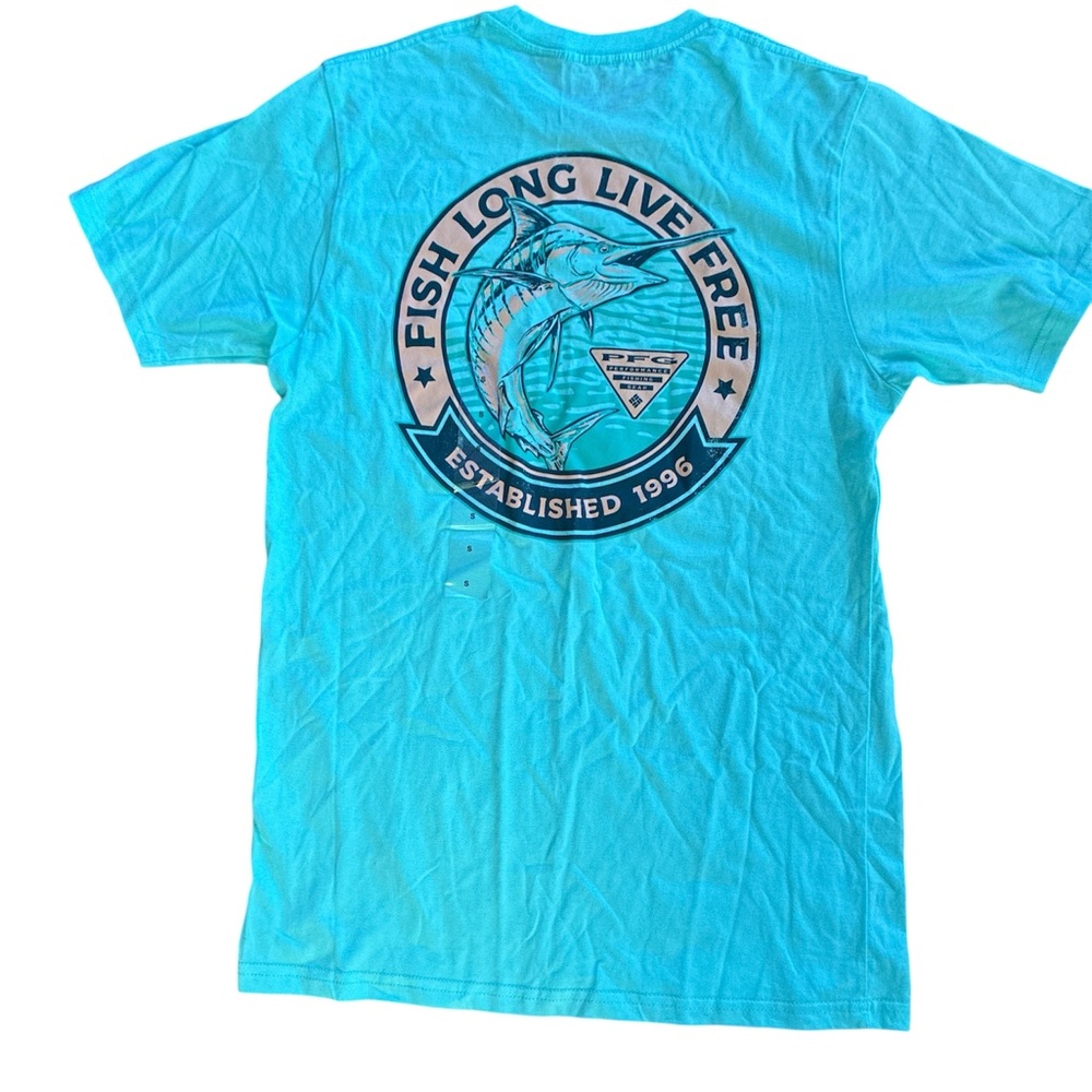 New Columbia PFG T-Shirt Small Teal "Fish Long Live Free" Marlin Graphic S